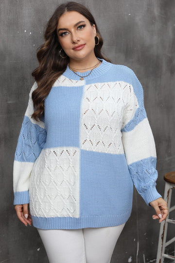 Woochic pull grande taille femme col rond carreaux contrasté manches longues bleu XL